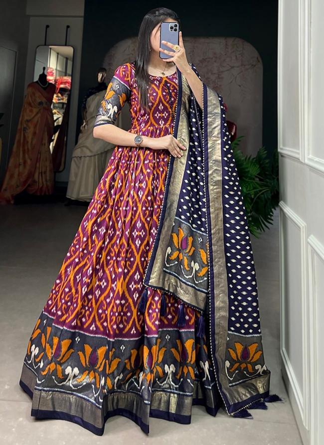 Buy Tussar Silk Blue Festival Wear Printed Readymade Gown With Dupatta Online From Wholesale Salwar